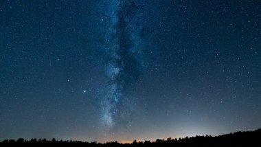 Samanyolu ağaçların tepesinde ufuk çizgisi