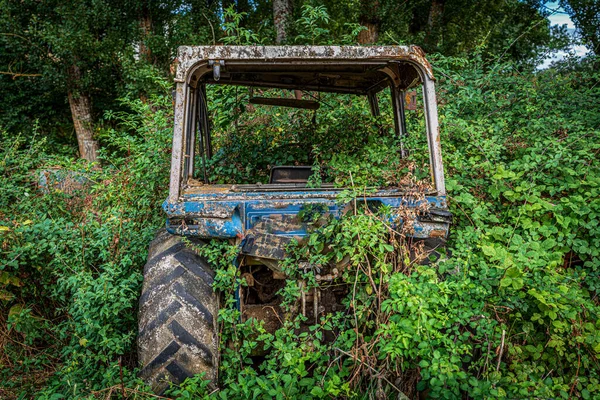 Old abandoned rusty tractor covered by bramble — Stock Photo, Image