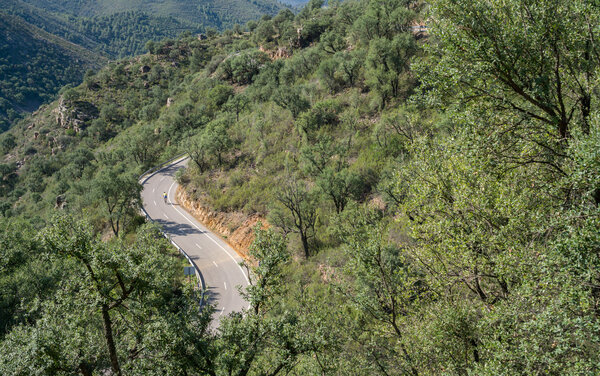 Isolated cyclist climbing mountain curved road