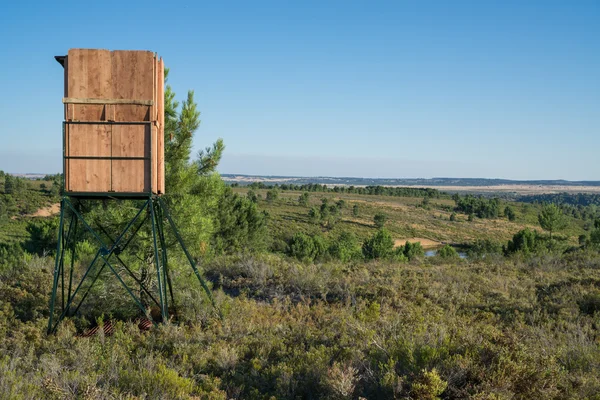 Primer plano de la cabaña oculta para la caza mayor, hecha de madera —  Fotos de Stock