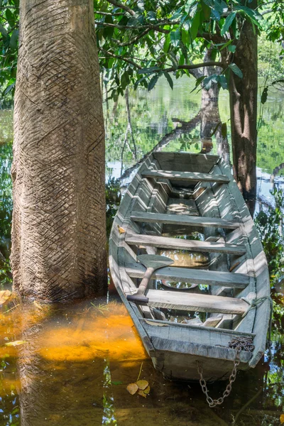 Barca di legno sulla riva del fiume Amazzonia — Foto Stock