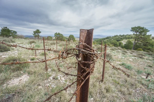 Abandoned military zone with rusty spiked fence — Stock Photo, Image