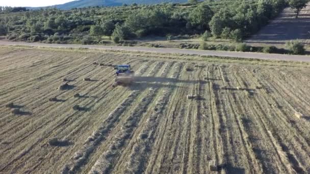 Vista aérea del tractor preparando fardos cuadrados al atardecer, 4k — Vídeo de stock