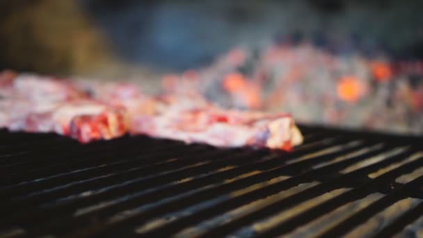 Câmera deslizante até a carne na grelha — Vídeo de Stock