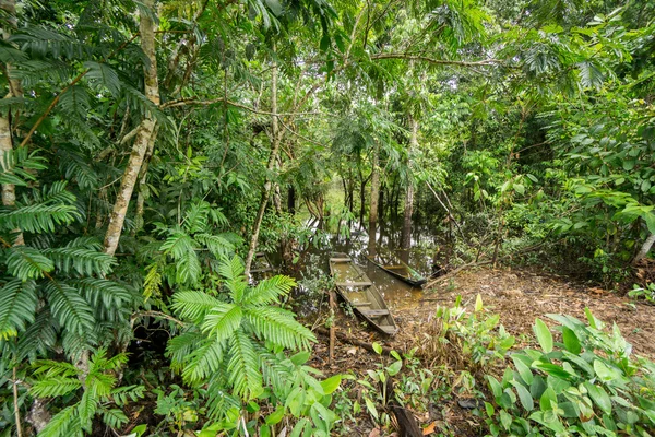 Övergiven trä kanoter i Amazonfloden — Stockfoto