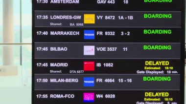 Canlı kalkış panosu güncellemeleri: Madrid, Milan, Roma, Amsterdam, Londra, Marakeş ve Bilbao uçuşları için biniş değişiklikleri, gecikmeler, kapı bilgileri ve kod paylaşımları.