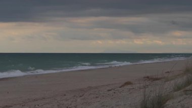 Karanlık turkuaz dalgalar alacakaranlıkta boş bir kumsala çarpar, kumullar ve otlar rüzgarlı, bulutlu sahil ışığında sallanır..