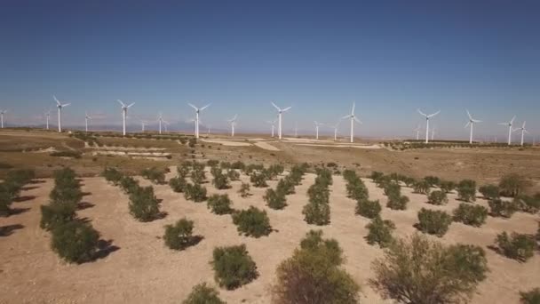 Aproximación a las turbinas eólicas sobre el campo de árboles, 4k — Vídeo de stock