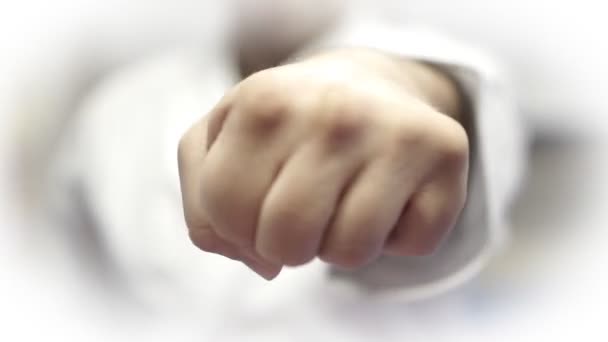Вид спереди мастера каратэ, ударяющего обеими руками, петляющий — стоковое видео