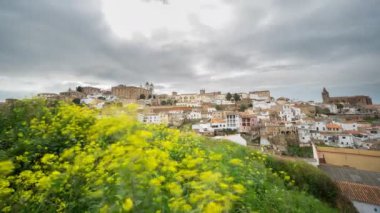 Zaman atlamalı, Caceres, bulutlu gökyüzü, ön planda, 4k sarı çiçekler