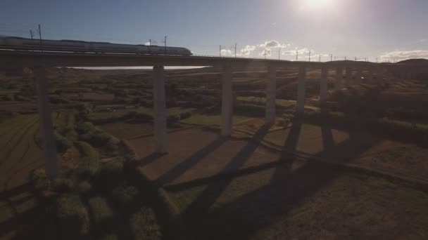 Bakgrundsbelyst av tåg över bron vid solnedgången — Stockvideo