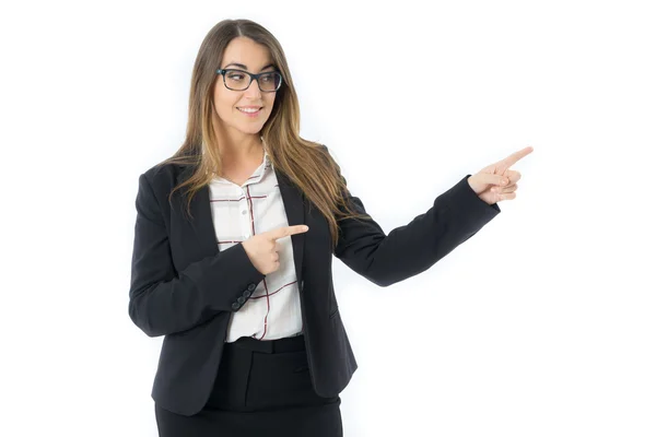 Woman with suit pointing to right sid — Stock Photo, Image