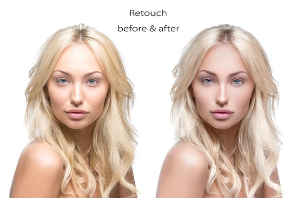 Beautiful woman before and after retouch — Stock Photo, Image