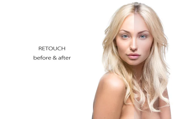 Beautiful woman before and after retouch — Stock Photo, Image