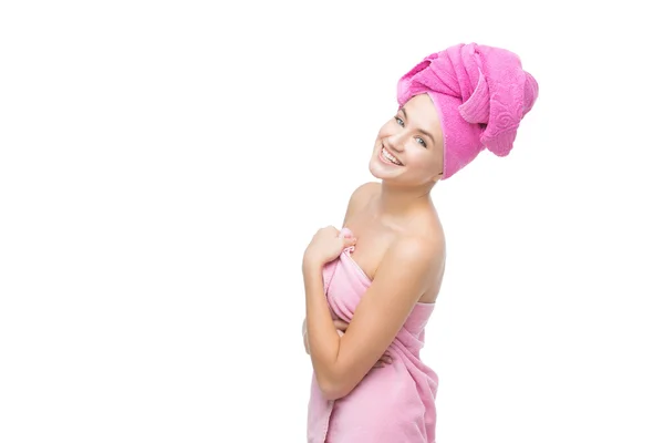 Beautiful girl in pink towel — Stock Photo, Image