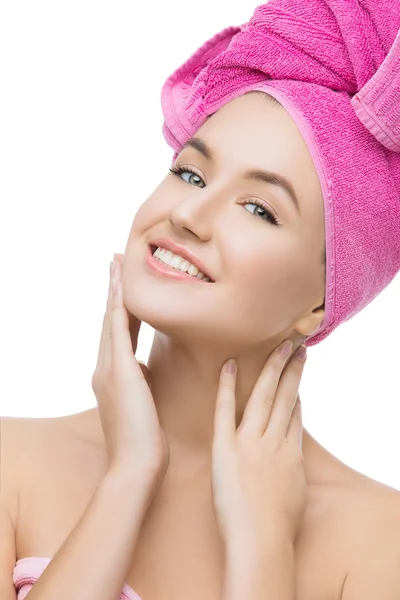 Beautiful girl in pink towel — Stock Photo, Image