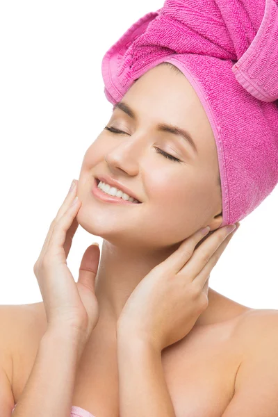 Beautiful girl in pink towel — Stock Photo, Image