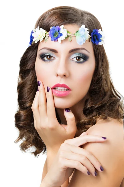 Beautiful girl with blue flowers Royalty Free Stock Images