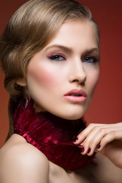 Beautiful girl with red makeup — Stock Photo, Image