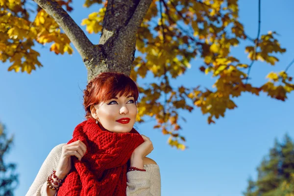 Krásná dívka stojící venku poblíž podzimní strom — Stock fotografie