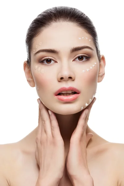 Girl with foundation cream on face — Stock Photo, Image