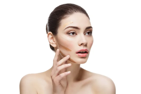 Girl with foundation cream on face — Stock Photo, Image