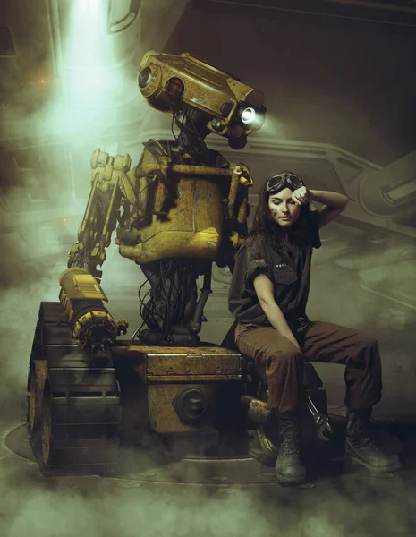 Cyberpunk Una Giovane Riparatrice Con Robot Astronave Foto Stock