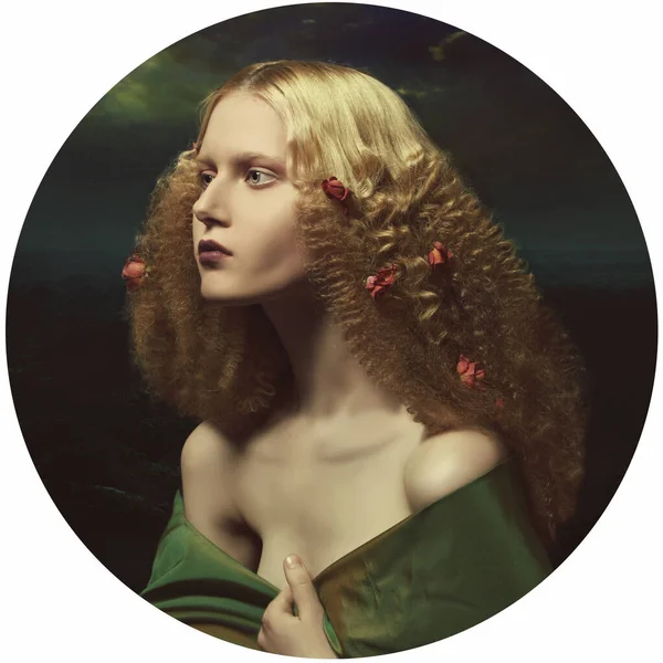 Portré Egy Gyönyörű Lány Koszorúban Orchideák Reneszánsz Stock Kép