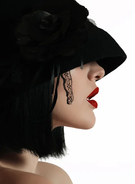 Mulher bonita em uma peruca e chapéu — Fotografia de Stock