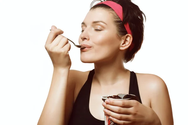 Woman eating a delicious ice cream with chocolate — Stock Photo, Image