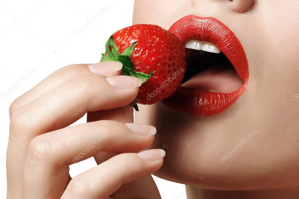 red lips with strawberry