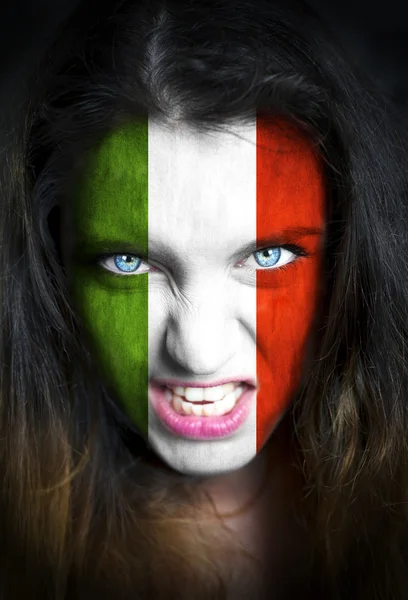 Portrait of a woman with the flag of the Italy  painted on her  face — Stock Photo, Image