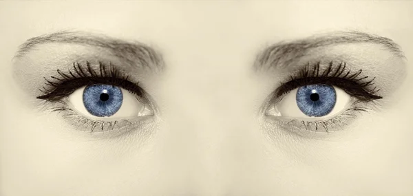 Belo olhar perspicaz olhos de mulher vintage azul — Fotografia de Stock