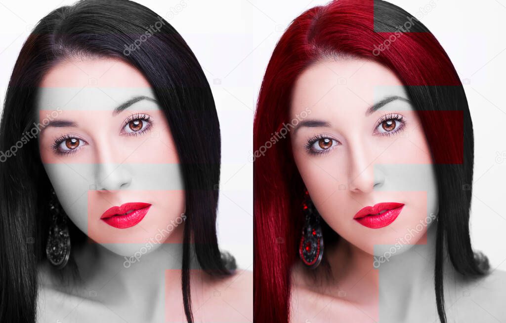 Comparative portrait of woman before and after dyeing hairs isolated on white
