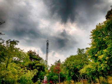 Füniküler 'deki Mtatsminda parkında çekim ve eğlence. Yeşil ağaçlar ve çalılar.