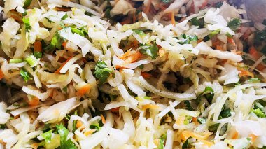 Ev yapımı lahana turşusu salatası, soğan ve kişniş. Yüksek kalite fotoğraf.