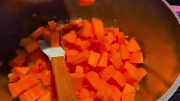 Gekauwde uien en wortelen zijn de ingrediënten van een heerlijk gerecht — Stockvideo