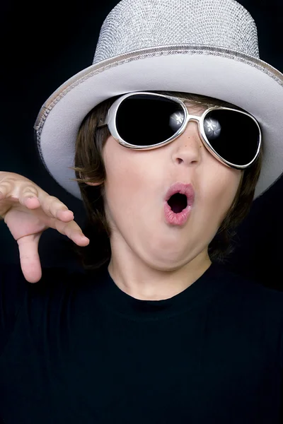 Beauty child boy in sunglasses and hat black isolated — Stock Photo, Image