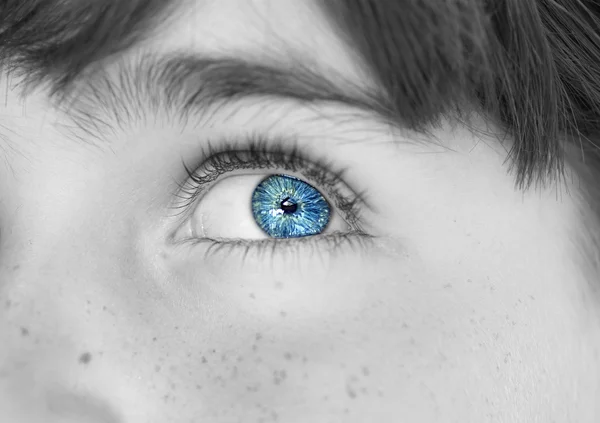 Bystrý pohled modrýma očima chlapce — Stock fotografie