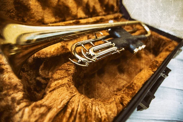 Gold trumpet in case — Stock Photo, Image