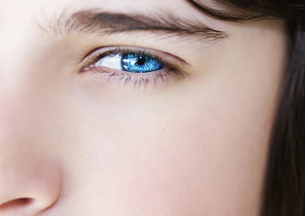 Bystrý pohled modrýma očima chlapce — Stock fotografie