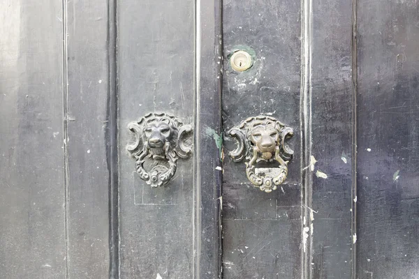 Porta de madeira com chamadores de metal — Fotografia de Stock