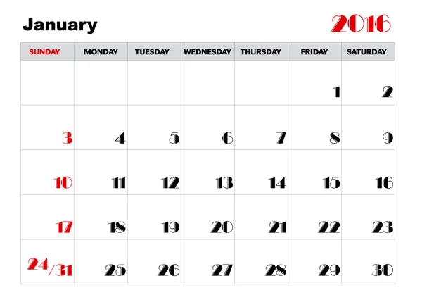 Kalender januari 2016 — Stockvector
