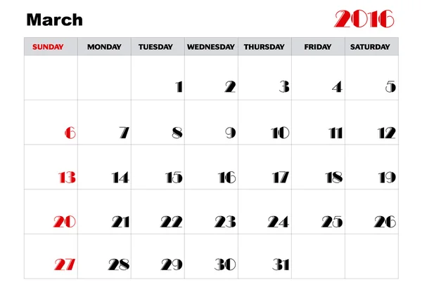 Kalender för mars 2016 — Stock vektor