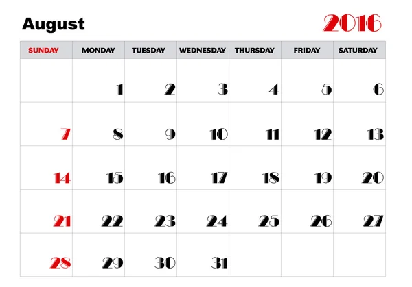 Kalender August 2016 — Stockvektor