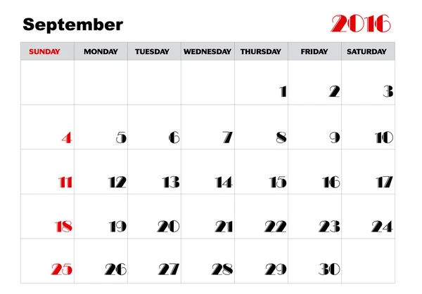 Kalender September 2016 — Stockvector