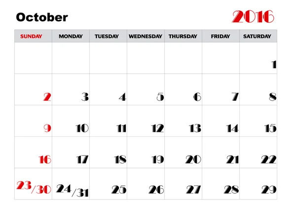 Calendario Octubre 2016 — Vector de stock