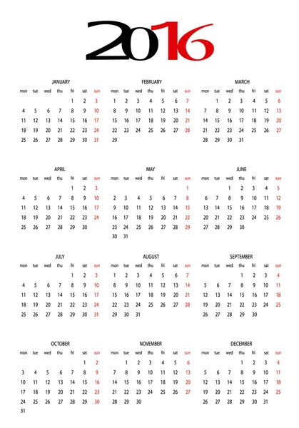 Kalender 2016 — Stock vektor