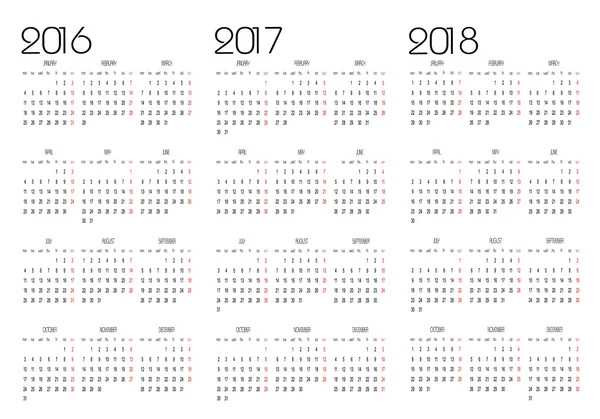 Kalender 2016, 2017 en 2018 — Stockvector