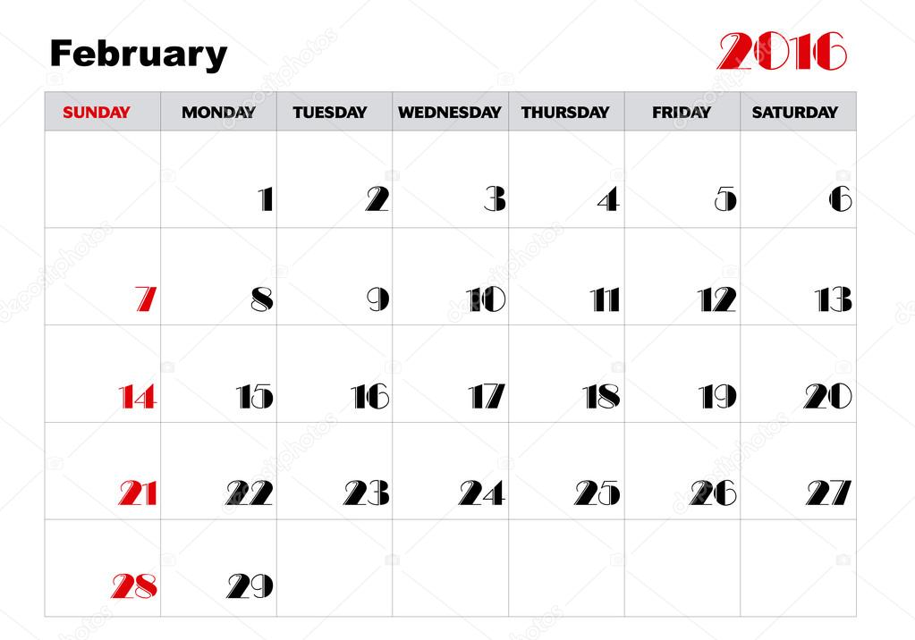 Calendar february 2016